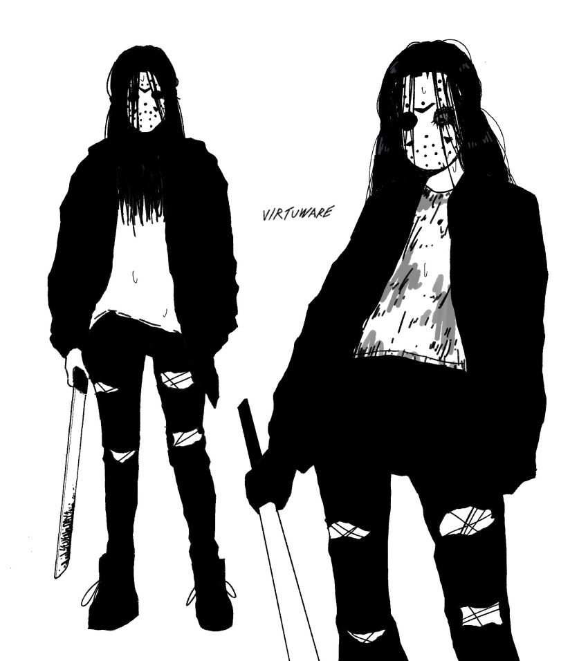 1girl, artist_name, black_footwear, black_gloves, black_hair, black_jacket, black_pants, blood
