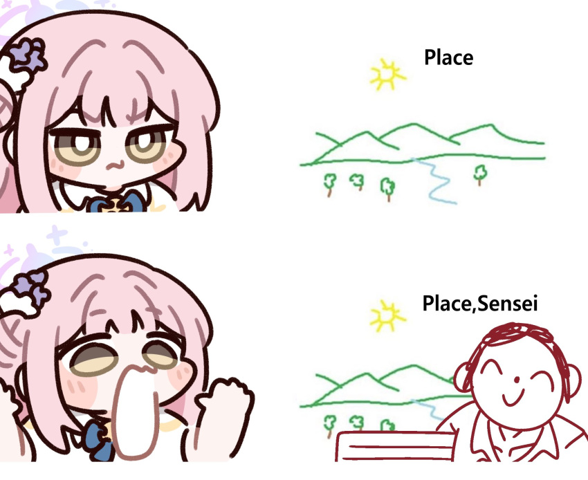 1boy, 1girl, ^_^, blue_archive, blush, chibi, closed_eyes, closed_mouth, doodle_sensei_(blue_archive), english_text, flower, hair_bun, hair_flower, hair_ornament, halo, hanasii, hashtag-only_commentary, highres, long_hair, meme, mika_(blue_archive), multiple_views, open_mouth, parody, pink_hair, purple_flower, sensei_(blue_archive), simple_background, single_side_bun, smile, sun, white_background