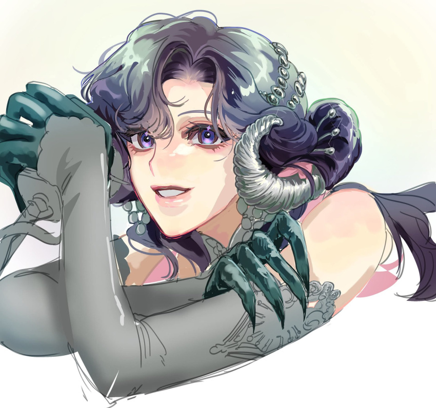 1girl, anjo_nala, bare_shoulders, black_hair, crossed_arms, curled_horns, demon_horns, elbow_gloves