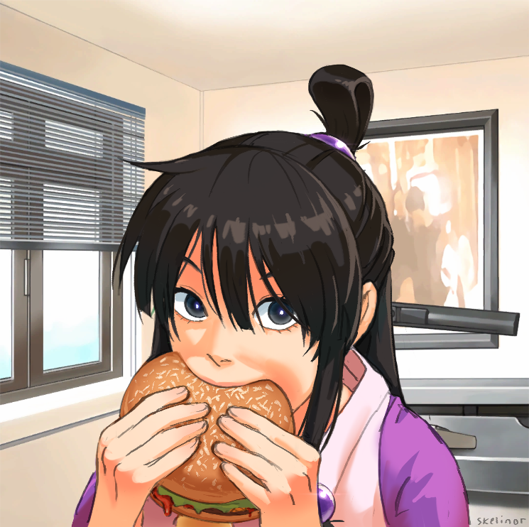 1girl, ace_attorney, black_hair, burger, eating, food, grey_eyes, half_updo