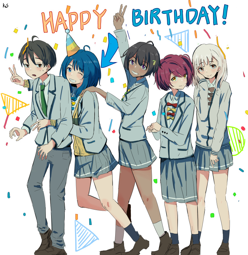 1boy, 4girls, absurdres, black_hair, blue_bow, blue_bowtie, blue_eyes, blue_hair