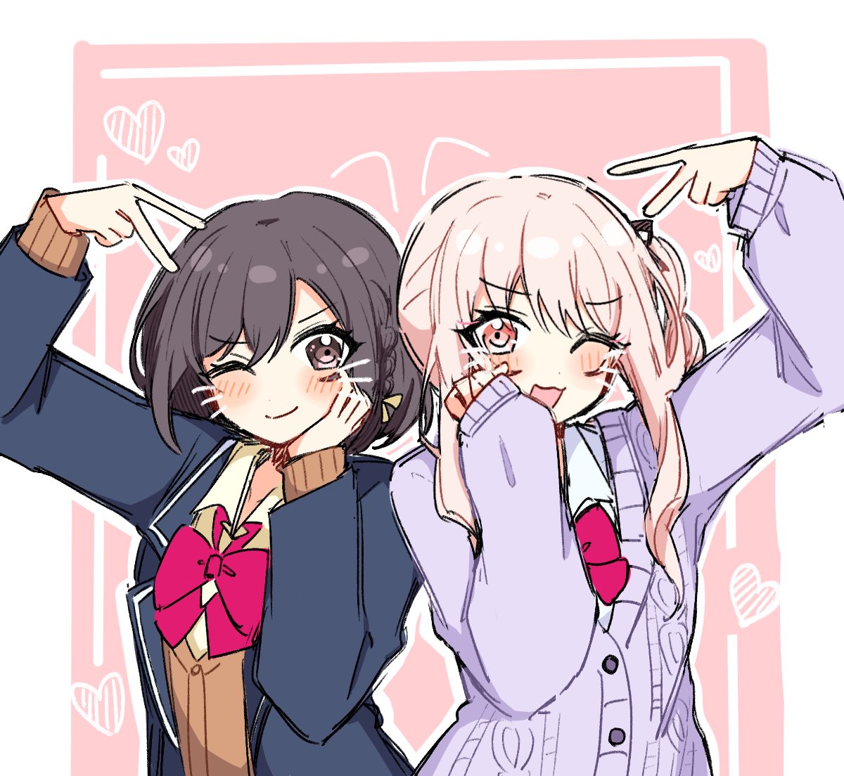 1girl, 1other, :3, akiyama_mizuki, arm_up, blazer, blue_jacket, blush