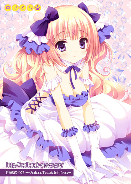 bare_shoulders, blonde_hair, breasts, cleavage, dress, frilled_dress, frills, gloves, hair_ribbon, light_smile, long_hair, mouse_ears, original, purple_eyes, ribbon, sitting, solo, tsukishima_yuuko, violet_eyes