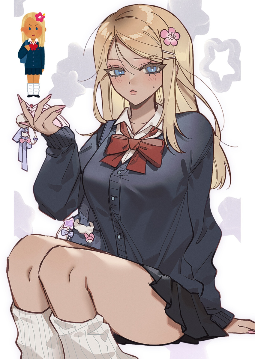 1girl, :<, bag, black_skirt, blonde_hair, blue_cardigan, blue_eyes, blush, bow, bowtie, breasts, brown_hair, buttons, cardigan, cellphone, character_charm, charm_(object), cherry_blossoms, closed_mouth, collared_shirt, commentary, cowboy_shot, dark-skinned_female, dark_skin, facing_viewer, fingernails, flip_phone, flower, ganguro, gyaru, hair_flower, hair_ornament, hairpin, hand_up, hello_kitty, hello_kitty_(character), highres, holding, holding_phone, invisible_chair, irasutoya, irasutoya_challenge, kogal, large_breasts, leg_warmers, long_fingernails, long_hair, long_sleeves, looking_to_the_side, miniskirt, multiple_hairpins, my_melody, nail_polish, onegai_my_melody, parted_bangs, phone, pink_flower, pink_lips, pink_nails, pleated_skirt, raised_eyebrows, red_bow, red_bowtie, reference_inset, sanrio, school_bag, school_uniform, shirt, single_sidelock, sitting, skirt, solo, star_(symbol), star_symbol_background, sweatdrop, tooruchan, white_background, white_leg_warmers, white_shirt