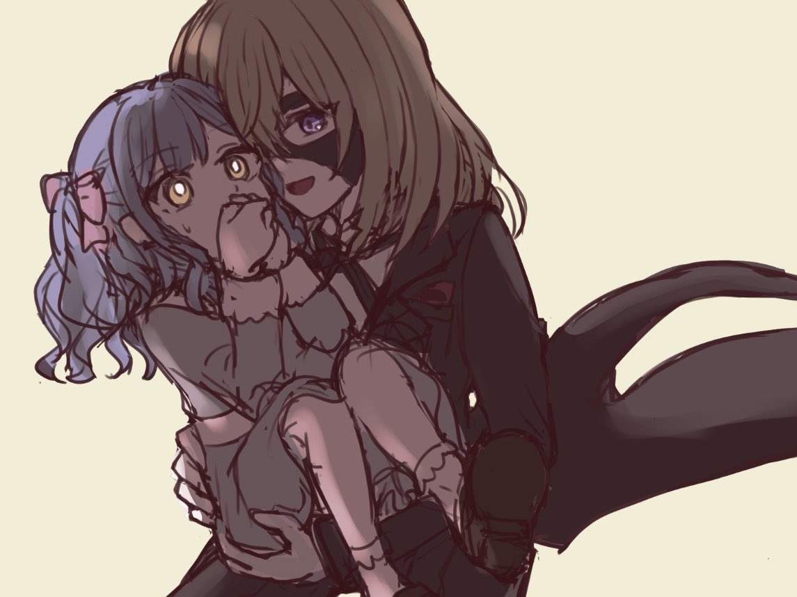 2girls, aged_down, bang_dream!, bang_dream!_it's_mygo!!!!!, black_coat, black_mask, blonde_hair, blue_dress