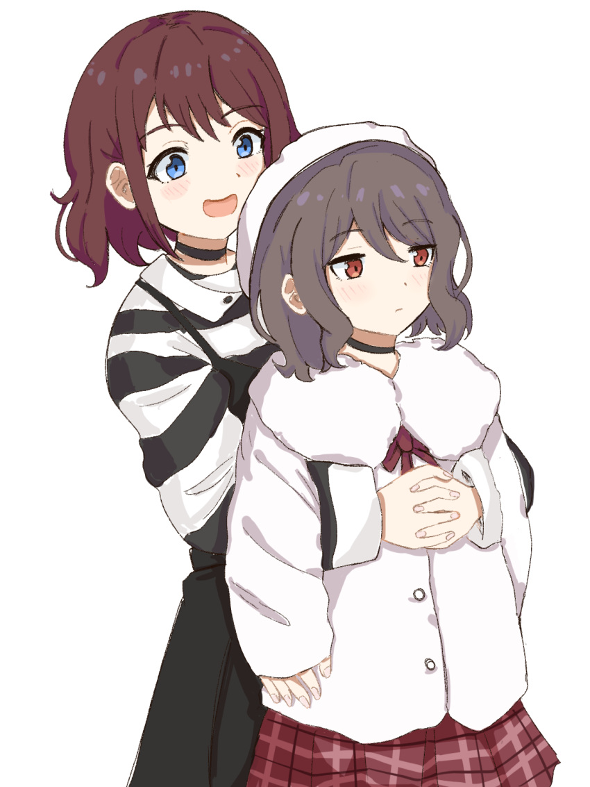 2girls, beret, black_choker, black_dress, blue_eyes, blush, brown_hair, choker