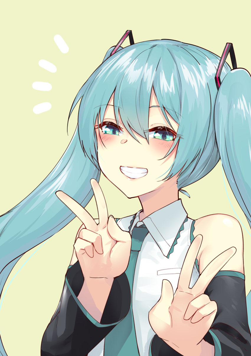 1girl, blue_eyes, blue_hair, blush, collared_shirt, commentary_request, detached_sleeves, double_v