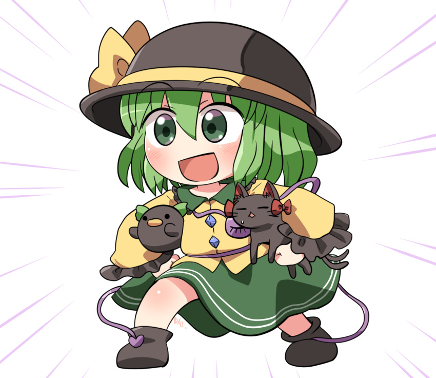 1girl, :d, armpit_hold, bird, black_bird, black_cat, black_hat, blush