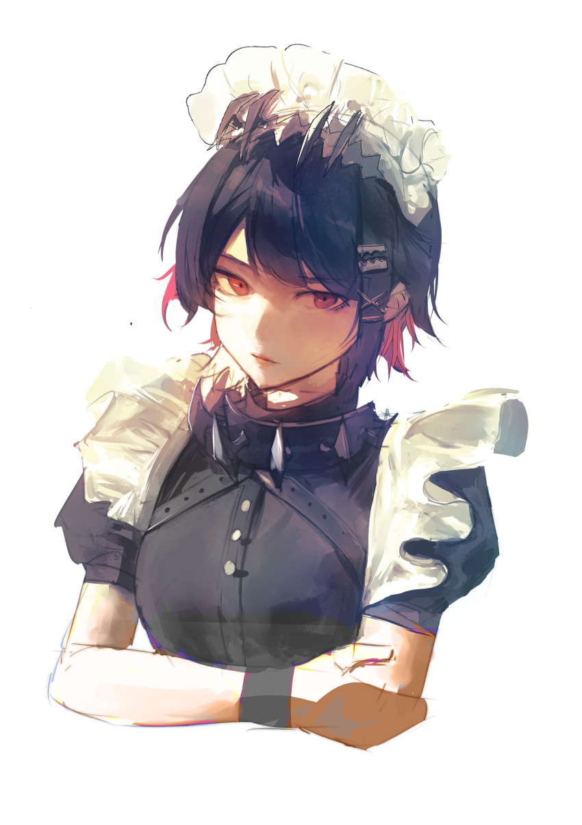 1girl, alternate_breast_size, black_dress, black_hair, cropped_torso, crossed_arms, dress, ellen_joe, hair_ornament, hairclip, hashtag-only_commentary, highres, maid, maid_headdress, multicolored_hair, niroxin, pink_hair, puffy_short_sleeves, puffy_sleeves, red_eyes, short_hair, short_sleeves, simple_background, sketch, upper_body, white_background, zenless_zone_zero