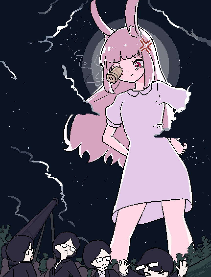 1girl, a_trip_to_the_moon, anger_vein, angry, animal_ears, bad_id, bad_twitter_id, blush, bullet, chibikki, closed_mouth, commentary, english_commentary, feet_out_of_frame, giant, giantess, long_hair, moon_rabbit, night, original, outdoors, people, pink_hair, pout, rabbit_ears, rabbit_girl, red_eyes, solo_focus, standing, tears
