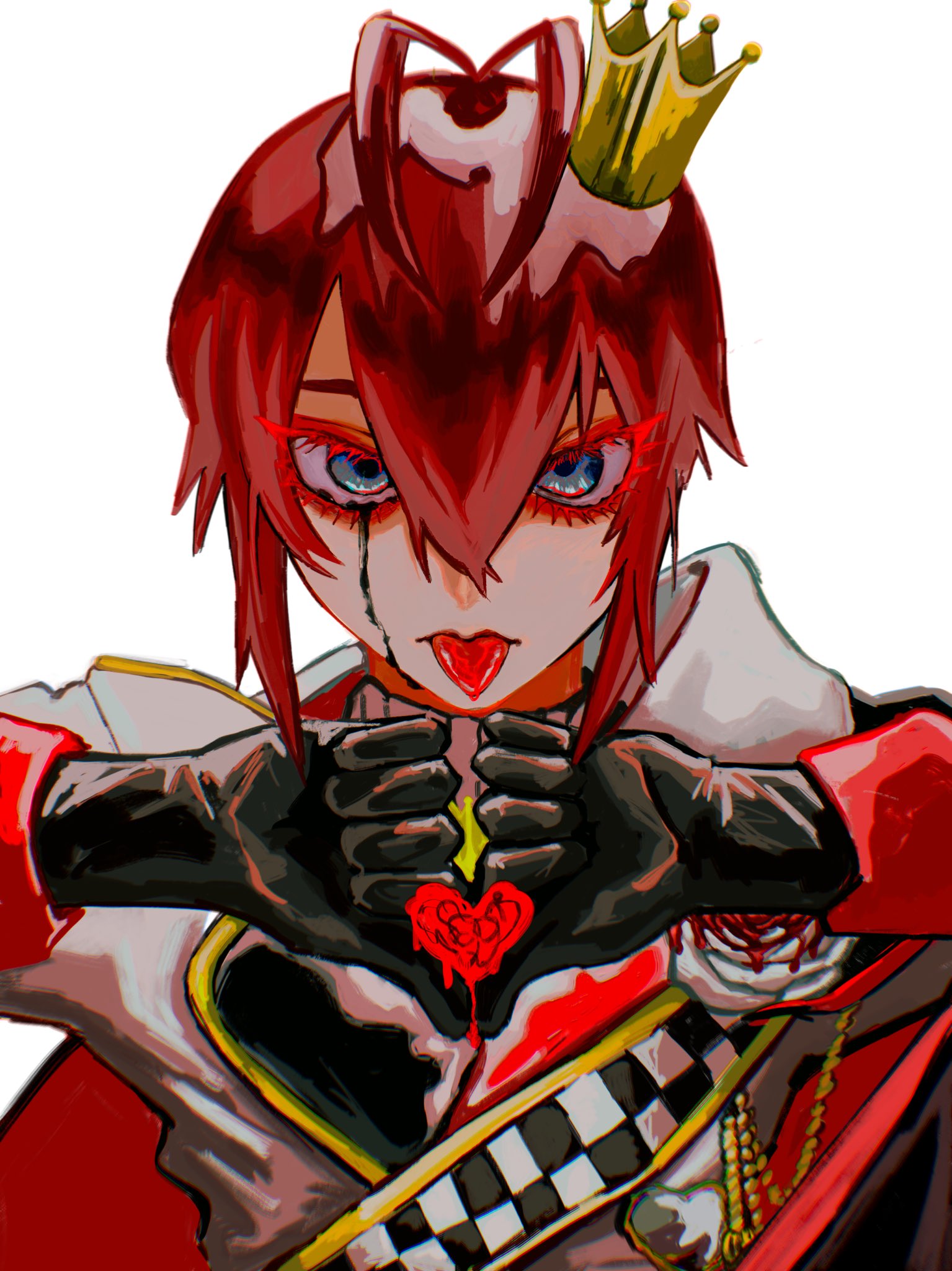 1boy, antenna_hair, asymmetrical_clothes, black_gloves, black_tears, blue_eyes, bukkorogasanai, chain, checkered_sash, collared_cape, collared_shirt, colored_eyelashes, crown, eyeshadow, flower, gloves, gold_chain, hair_between_eyes, heart, heart_antenna_hair, heart_hands, highres, long_sidelocks, looking_at_viewer, makeup, male_focus, mini_crown, overblot, portrait, red_eyeshadow, redhead, riddle_rosehearts, rose, shirt, short_hair, short_hair_with_long_locks, sidelocks, simple_background, solo, tongue, tongue_out, twisted_wonderland, white_background, white_flower, white_rose