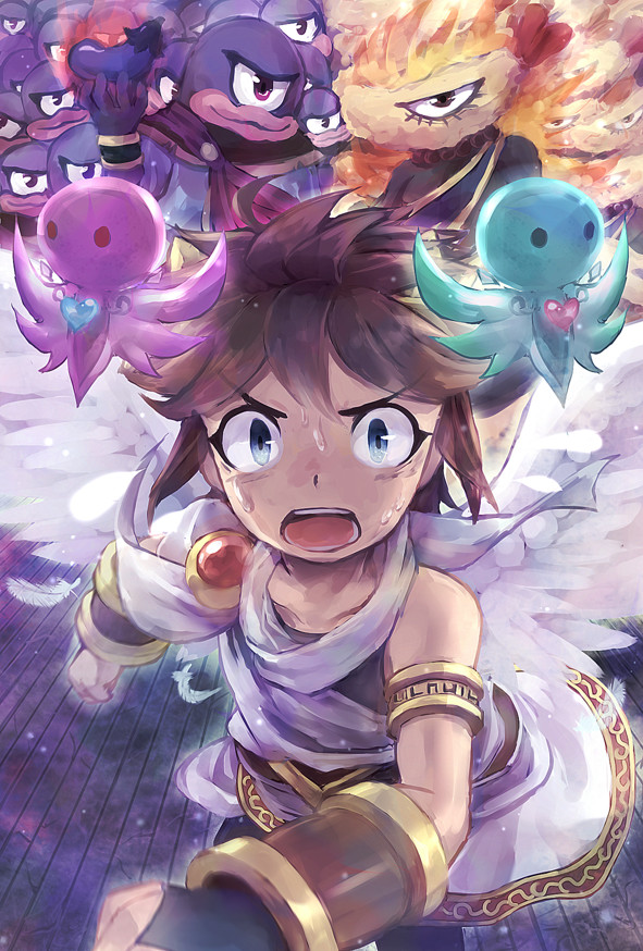 angel, angel_wings, armlet, azumi_(tks-sd), bracer, brown_hair, character_request, collarbone, creature, eggplant, eggplant_wizard, feathered_wings, fingerless_gloves, food, gloves, gold_armlet, holding, holding_food, holding_vegetable, jewelry, kid_icarus, kid_icarus_uprising, laurel_crown, male_focus, monster, open_mouth, pit_(kid_icarus), running, scared, scarf, sidelocks, single_bare_shoulder, spiky_hair, tempura_wizard, vegetable, white_wings, wings