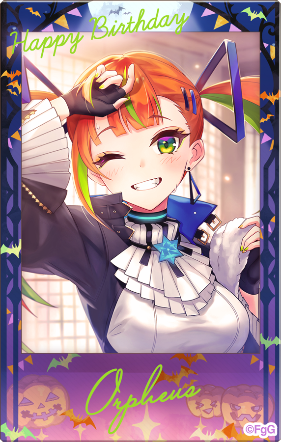 1girl, ;d, bat_(animal), black_gloves, character_name, commentary_request, copyright_notice, cropped_torso