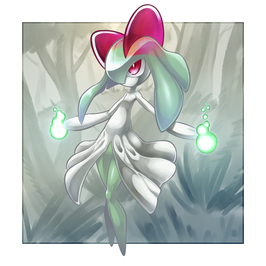 colored_skin, forest, grass, green_hair, green_skin, hair_over_one_eye, highres, horns