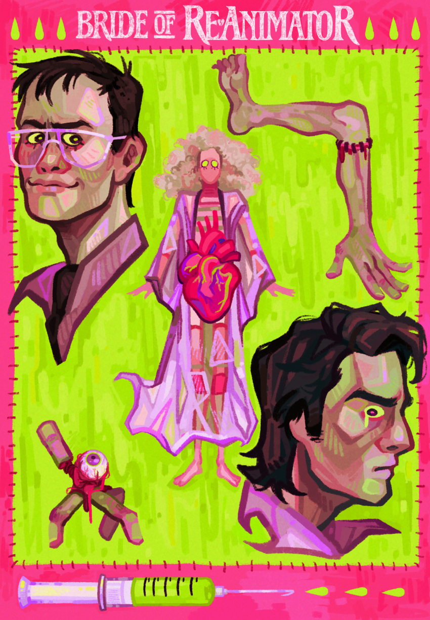 1girl, 2boys, ambiguous_green_liquid, barefoot, blank_eyes, blonde_hair, body_horror, border