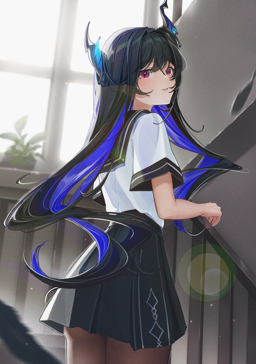 1girl, absurdres, alternate_costume, aquagirl, asymmetrical_horns, black_feathers, black_hair, black_sailor_collar, black_skirt, blue_hair, colored_inner_hair, demon_horns, feathers, highres, hololive, hololive_english, horns, long_hair, looking_at_viewer, mole, mole_under_eye, multicolored_hair, nerissa_ravencroft, red_eyes, sailor_collar, shirt, skirt, solo, very_long_hair, virtual_youtuber, white_shirt