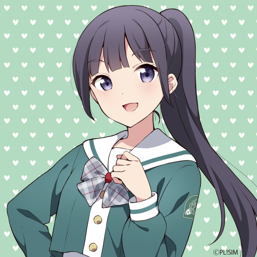 1girl, :d, amakusa_hikaru, black_hair, bow, bowtie, commentary_request, copyright_notice