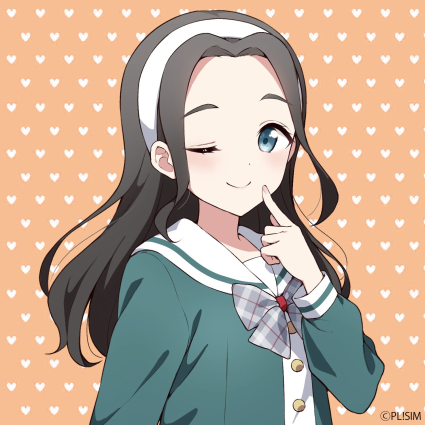 1girl, ;), black_hair, blue_eyes, bow, bowtie, closed_mouth, commentary_request