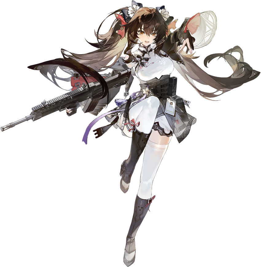 1girl, ammunition_pouch, assault_rifle, black_bow, black_corset, black_footwear, black_ribbon, bow