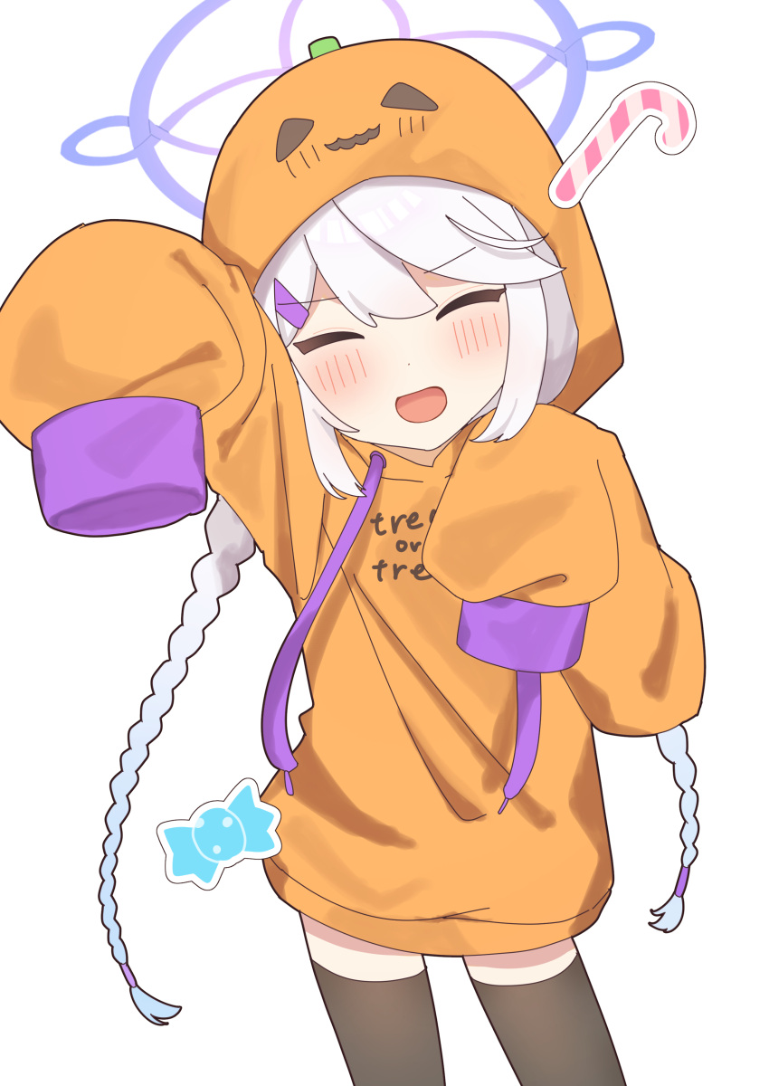 1girl, absurdres, alternate_costume, arms_up, black_thighhighs, blue_archive, blush, braid