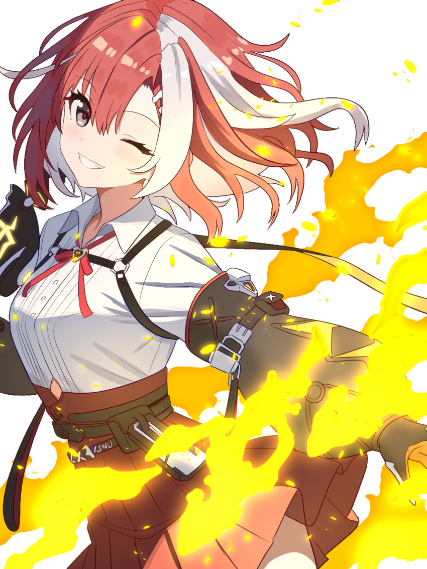 1girl, ;d, aika_(strinova), belt, black_eyes, buttons, collared_shirt, commentary_request, fire, gauntlets, grin, hair_ornament, hairclip, high-waist_skirt, highres, holding, holding_mask, long_sleeves, looking_at_viewer, mask, multicolored_hair, one_eye_closed, parted_bangs, partial_commentary, pleated_skirt, pyrokinesis, red_skirt, redhead, shirt, short_hair, simple_background, skirt, smile, streaked_hair, strinova, upper_body, white_background, white_hair, white_shirt, yojouhan_0000