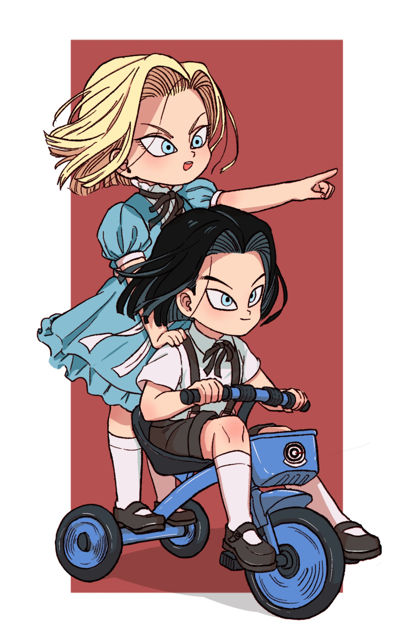 1boy, 1girl, absurdres, aged_down, android, android_17, android_18, black_footwear