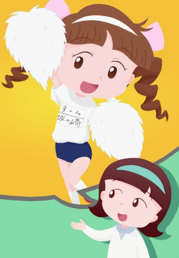 2girls, :d, arm_up, blue_buruma, blunt_bangs, bow, brown_eyes, brown_hair