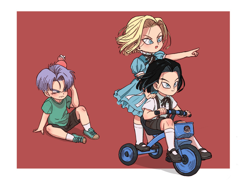 1girl, 2boys, absurdres, aged_down, android, android_17, android_18, black_footwear