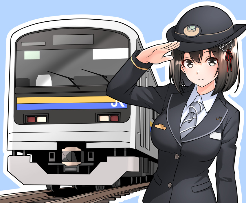 1girl, alternate_costume, black_hair, black_hat, black_jacket, bob_cut, breasts, commentary_request