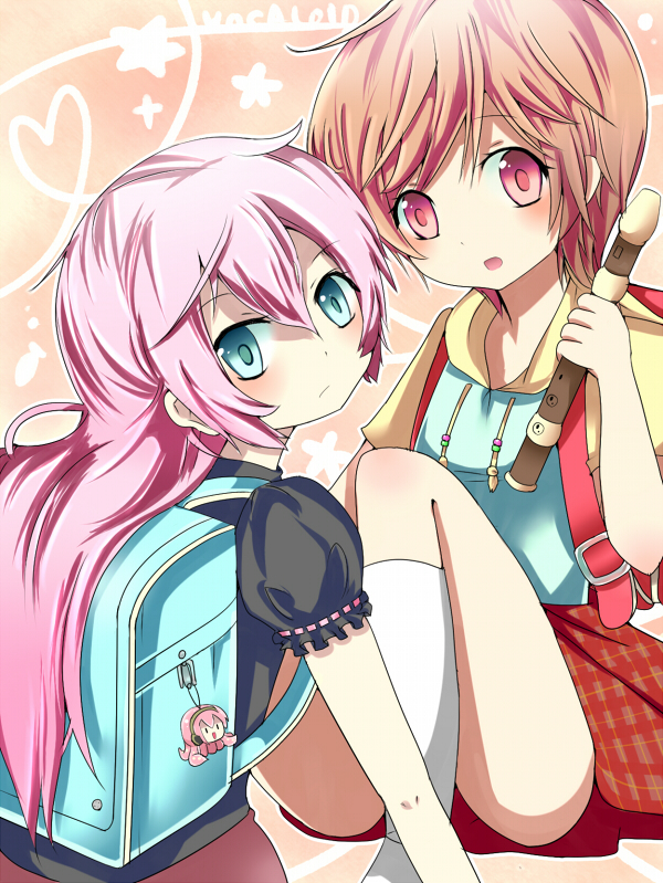 bad_id, bag, blue_eyes, blush, brown_hair, heart, instrument, megurine_luka