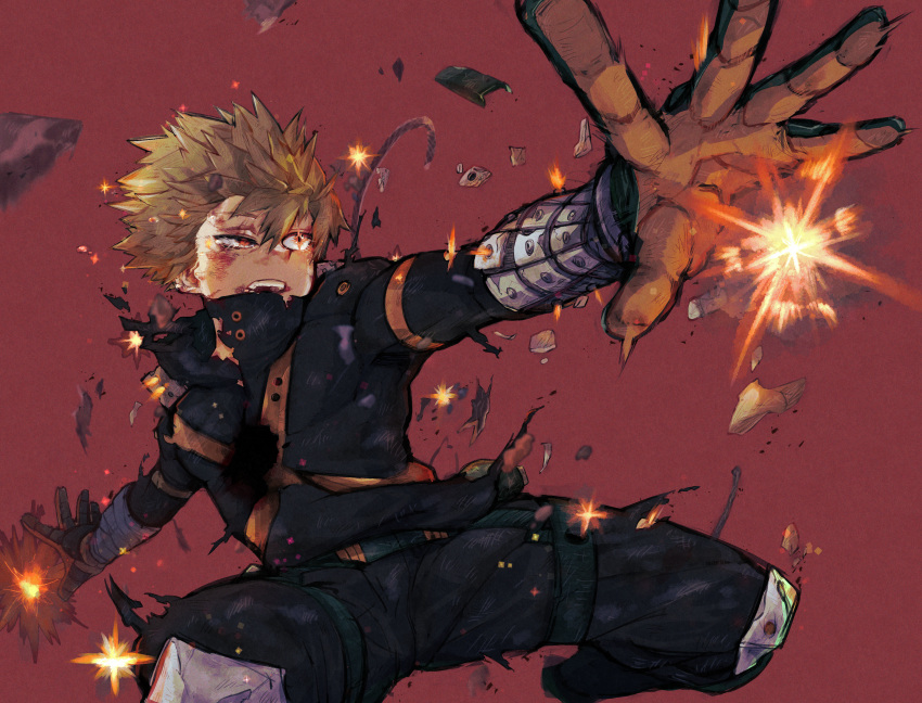 1boy, absurdres, bakugou_katsuki, black_bodysuit, black_gloves, black_pants, blonde_hair, blood, blood_on_face, bodysuit, boku_no_hero_academia, commentary_request, cou_(captain_armstrong), explosion, floating_hair, gloves, heterochromia, highres, knee_pads, looking_to_the_side, male_focus, open_mouth, orange_eyes, pants, red_background, red_eyes, red_gloves, short_hair, solo, teeth, torn_clothes, two-sided_gloves