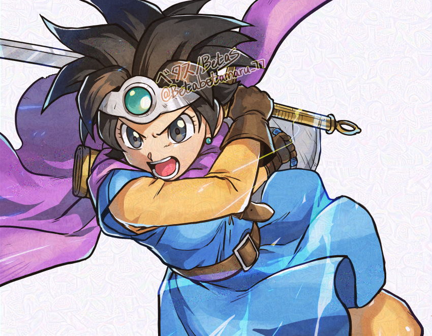 1girl, aqua_gemstone, artist_name, belt, betabetamaru, black_eyes, blue_tunic, brown_belt