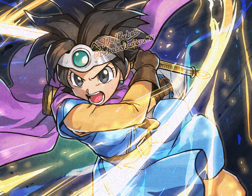 1girl, aqua_gemstone, artist_name, belt, betabetamaru, black_eyes, blue_tunic, brown_belt