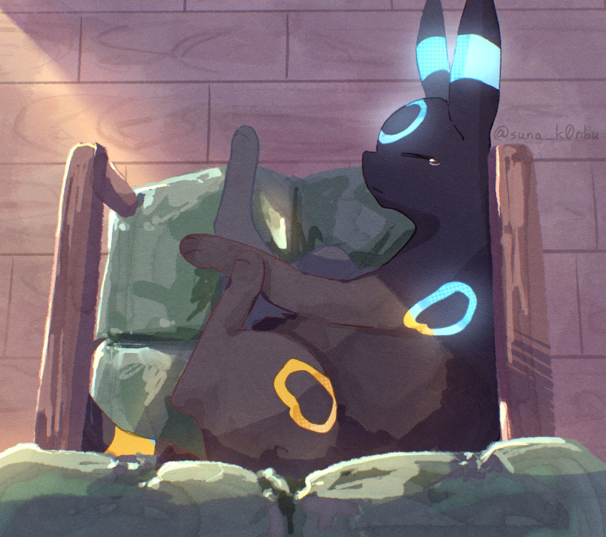 alternate_color, animal_focus, black_fur, chair, closed_eyes, closed_mouth, glowing_ears, glowing_markings