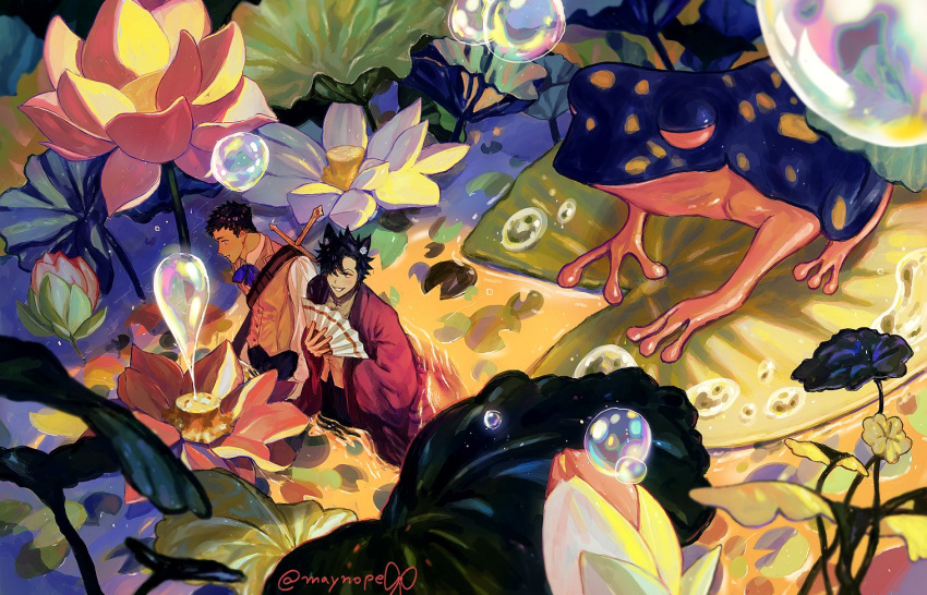 2boys, animal_ears, arm_up, black_hair, black_pants, blue_neckerchief, bubble, buttons