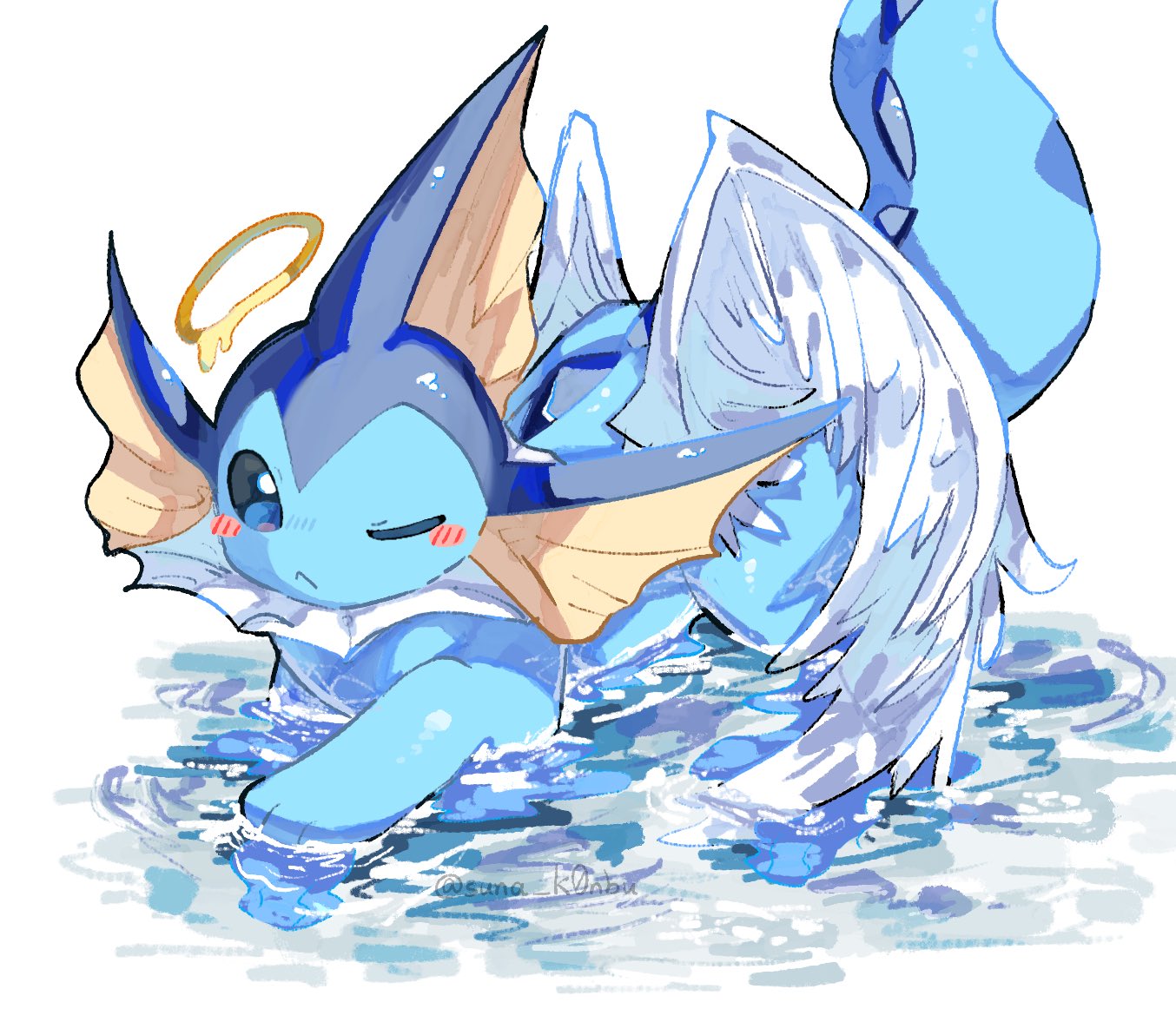 :<, angel_wings, animal_focus, blue_eyes, blue_tail, blush_stickers, closed_mouth, feathered_wings