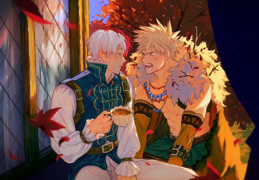 2boys, abs, alternate_costume, autumn_leaves, bakugou_katsuki, bare_pectorals, belt, belt_buckle