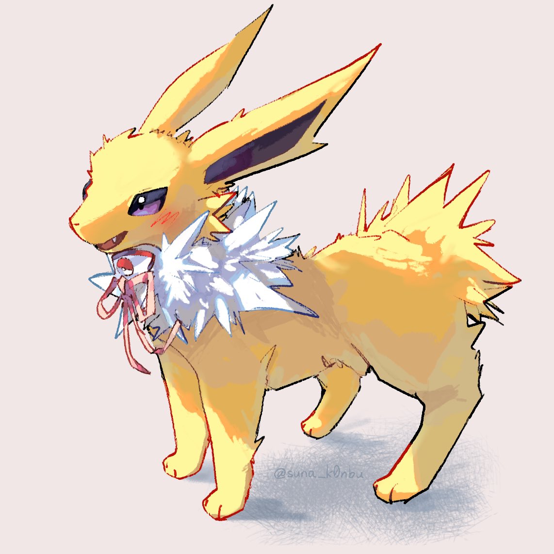 animal_focus, fangs, full_body, grey_background, jolteon, no_humans, open_mouth, pokemon