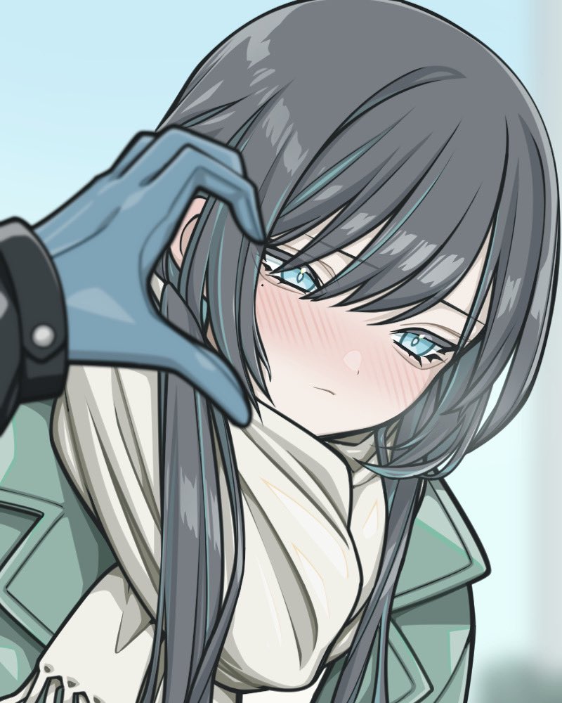 2girls, ado_(utaite), black_hair, blue_eyes, blue_gloves, blue_hair, blurry, blush, chando_(ado), closed_mouth, commentary, depth_of_field, egoist_tosummer, gloves, hair_between_eyes, half-heart_hands, mole, mole_under_eye, multicolored_hair, multiple_girls, scarf, sidelocks, streaked_hair, upper_body, utaite, white_scarf