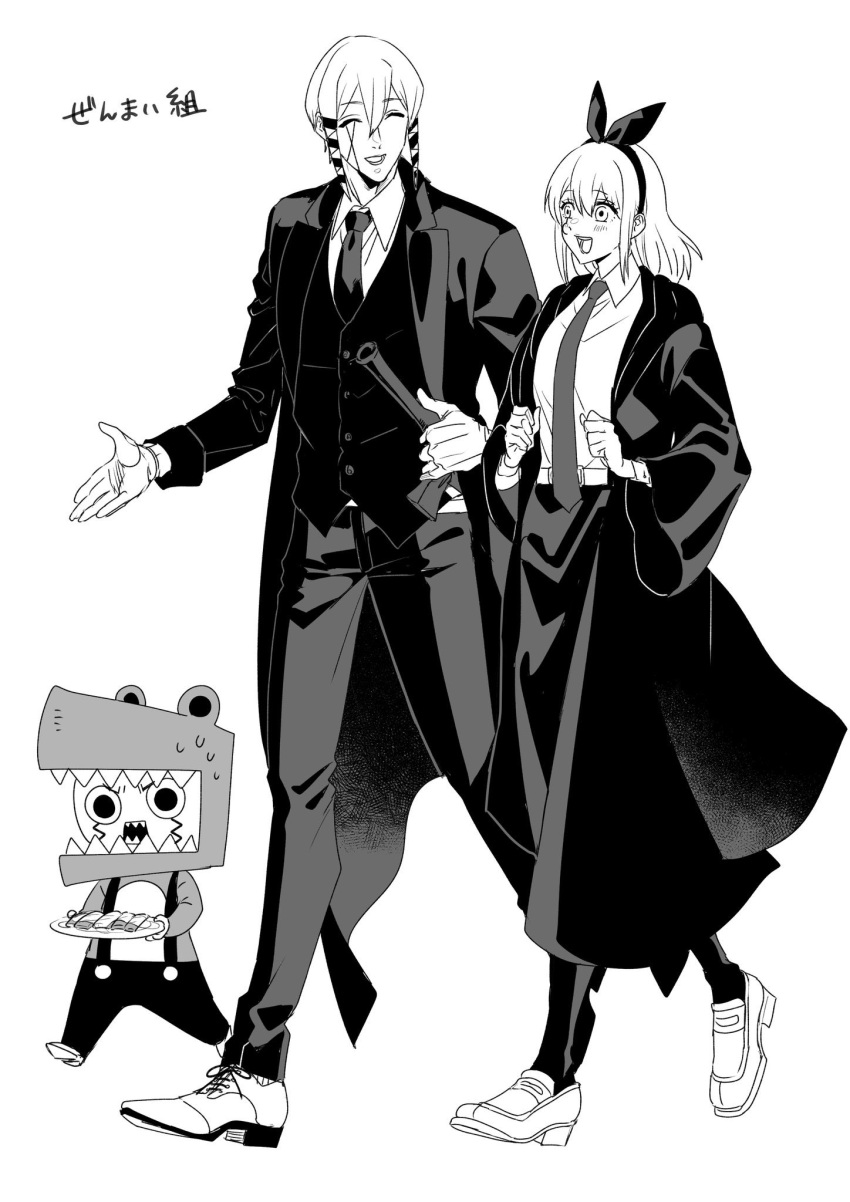 1girl, 2boys, belt, black_robe, closed_eyes, collared_shirt, facial_mark, gloves, highres, jacket, kaldo_gehenna, lemon_irvine, long_sleeves, mashle, matsurika_0707, monochrome, multiple_boys, necktie, open_mouth, robe, shirt, shoes, short_hair, sidelocks, smile, suit, vest, walking, white_gloves, white_hair