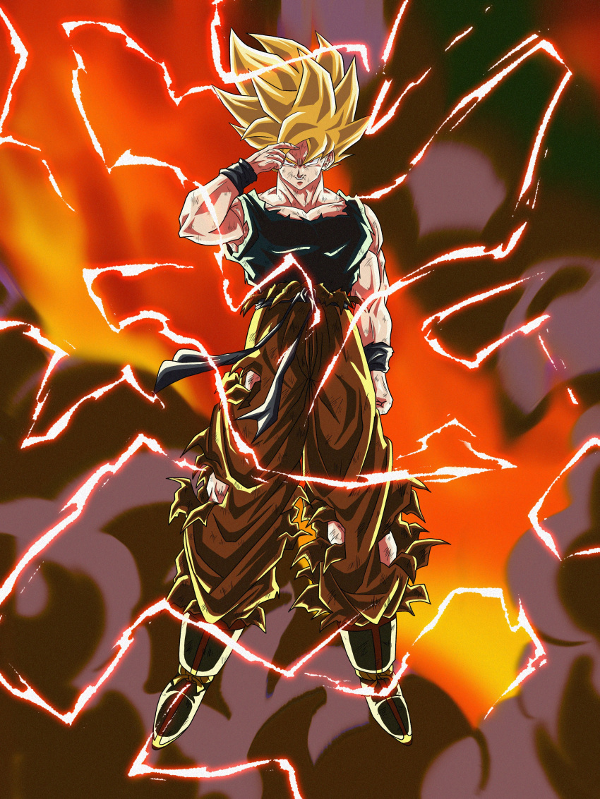 1boy, absurdres, blonde_hair, blue_shirt, dragon_ball, dragon_ball_z, electricity, finger_on_forehead, fire, full_body, highres, male_focus, muscular, muscular_male, orange_pants, pants, red_eyes, sai_t_d, shirt, smoke, solo, son_goku, super_saiyan, super_saiyan_1