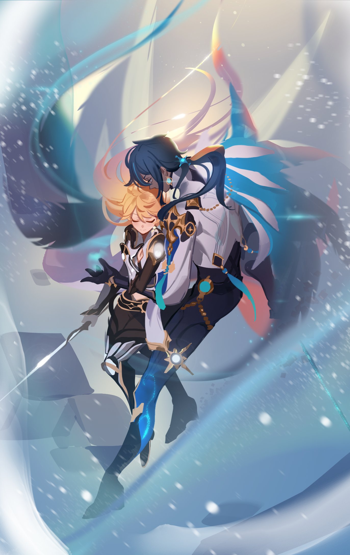 2boys, aether_(genshin_impact), blonde_hair, blue_eyes, blue_hair, blush, closed_eyes, dark-skinned_male, dark_skin, full_body, genshin_impact, holding, holding_weapon, kaeya_(genshin_impact), kaeya_alberich, long_hair, loose_hair, smile, snow, snowing, ventuspluma, weapon, white_shirt, yaoi