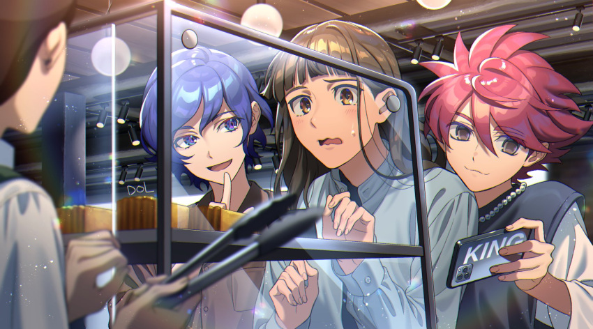 3boys, bakery, black_sweater_vest, blue_eyes, blue_hair, blue_shirt, brown_eyes, brown_hair