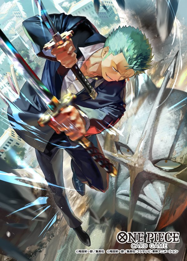 2boys, alternate_form, black_jacket, black_suit, commentary_request, copyright_name, green_hair, holding