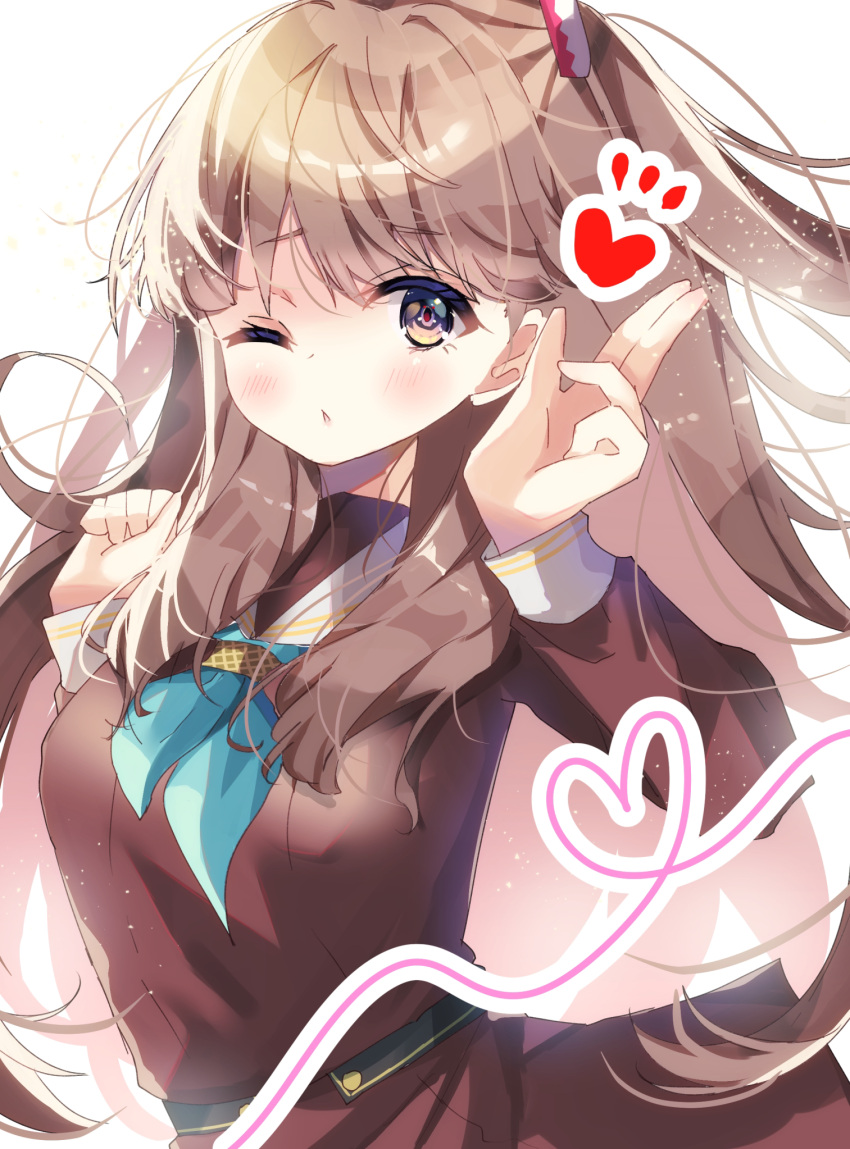 1girl, blue_neckerchief, blush, breasts, brown_dress, brown_eyes, brown_hair, clenched_hand