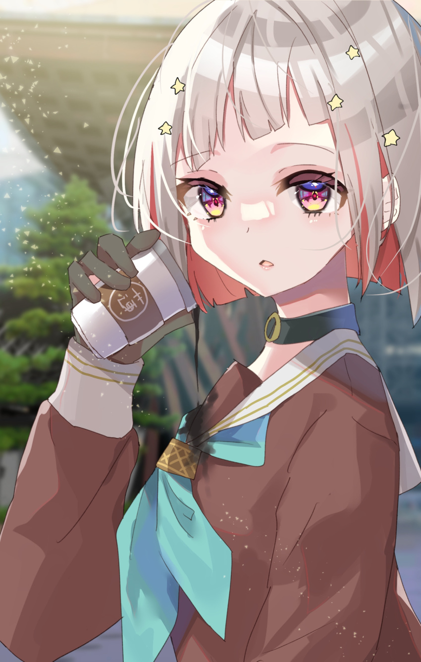 1girl, aqua_neckerchief, black_choker, black_gloves, blurry, blurry_background, bob_cut, brown_dress