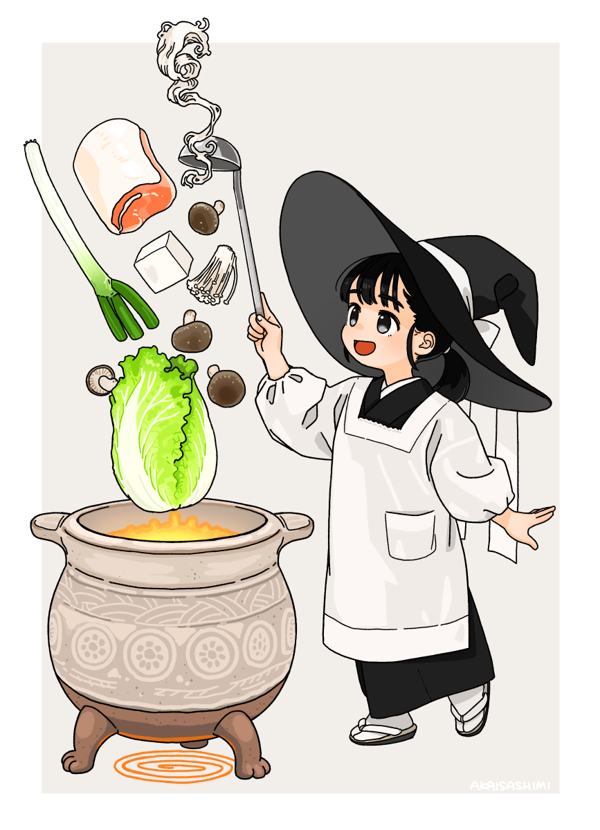 1girl, :d, akai_sashimi, apron, black_eyes, black_footwear, black_hair, black_hat