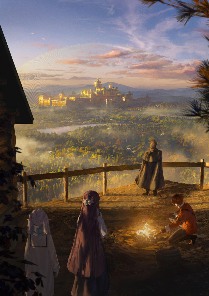 2boys, 2girls, absurdres, black_gloves, black_robe, brown_hair, butterfly_hair_ornament, campfire, capelet, castle, cliff, coat, denken_(sousou_no_frieren), elf, fence, fern_(sousou_no_frieren), fingerless_gloves, fire, forest, frieren, from_behind, gloves, gyoukan_(jfxc), hair_ornament, hairclip, highres, jacket, landscape, log_cabin, long_hair, mountain, multicolored_hair, multiple_boys, multiple_girls, nature, outdoors, pointy_ears, purple_hair, red_coat, red_jacket, redhead, robe, roots_(hair), scarf, scenery, sousou_no_frieren, squatting, standing, stark_(sousou_no_frieren), straight_hair, twintails, very_long_hair, white_hair