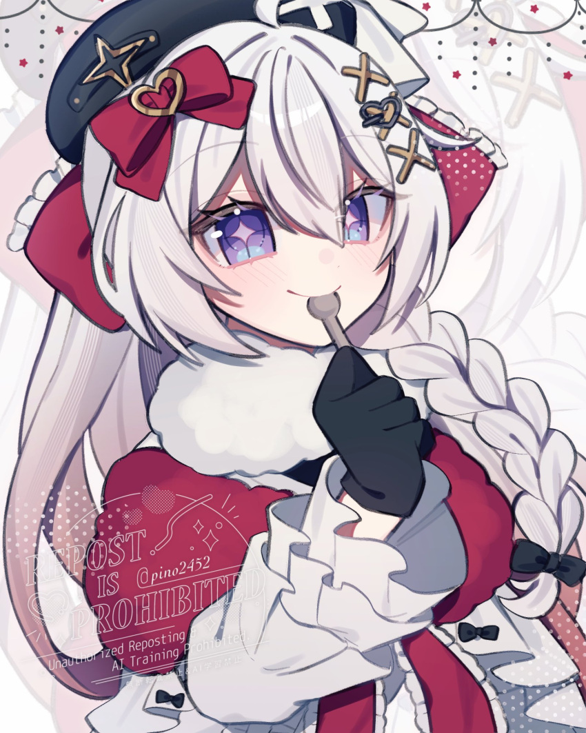 1girl, black_gloves, black_hat, bow, braid, commentary, frilled_sleeves, frills