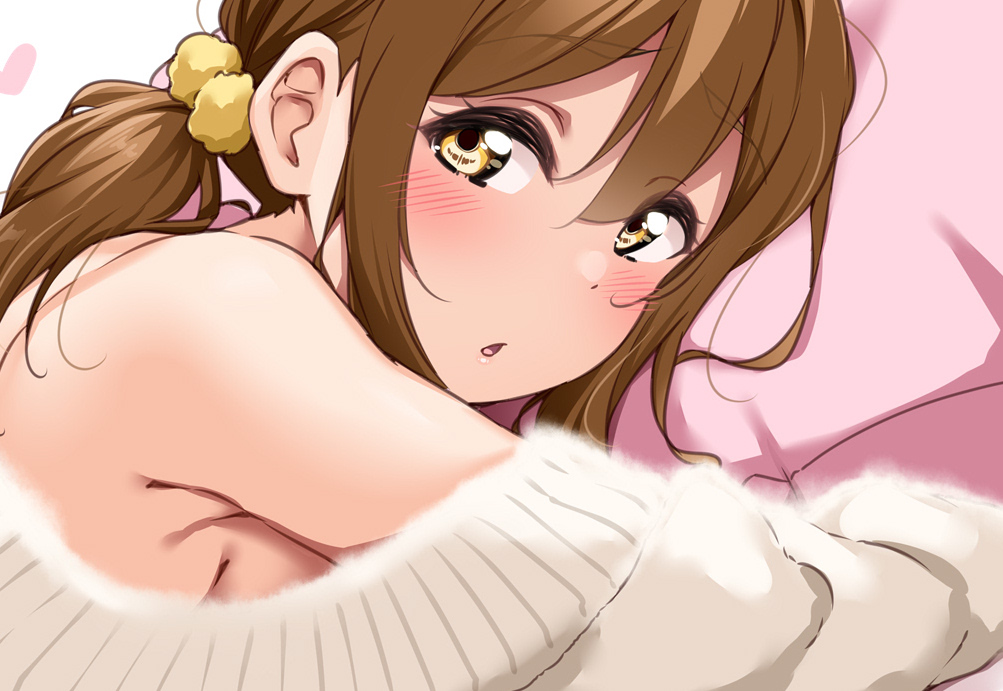 1girl, alternate_hairstyle, bare_shoulders, blush, breasts, brown_hair, close-up, fuzzy_clothes